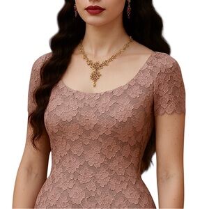 Vintage Regency Rose Bohemian Cottage Stretch Lace Short Sleeve Maxi Dress